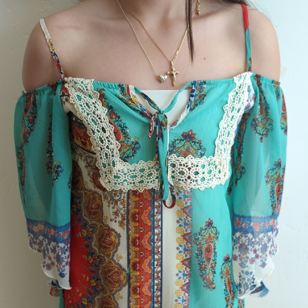 Bohemian Teal Off-Shoulder Top
